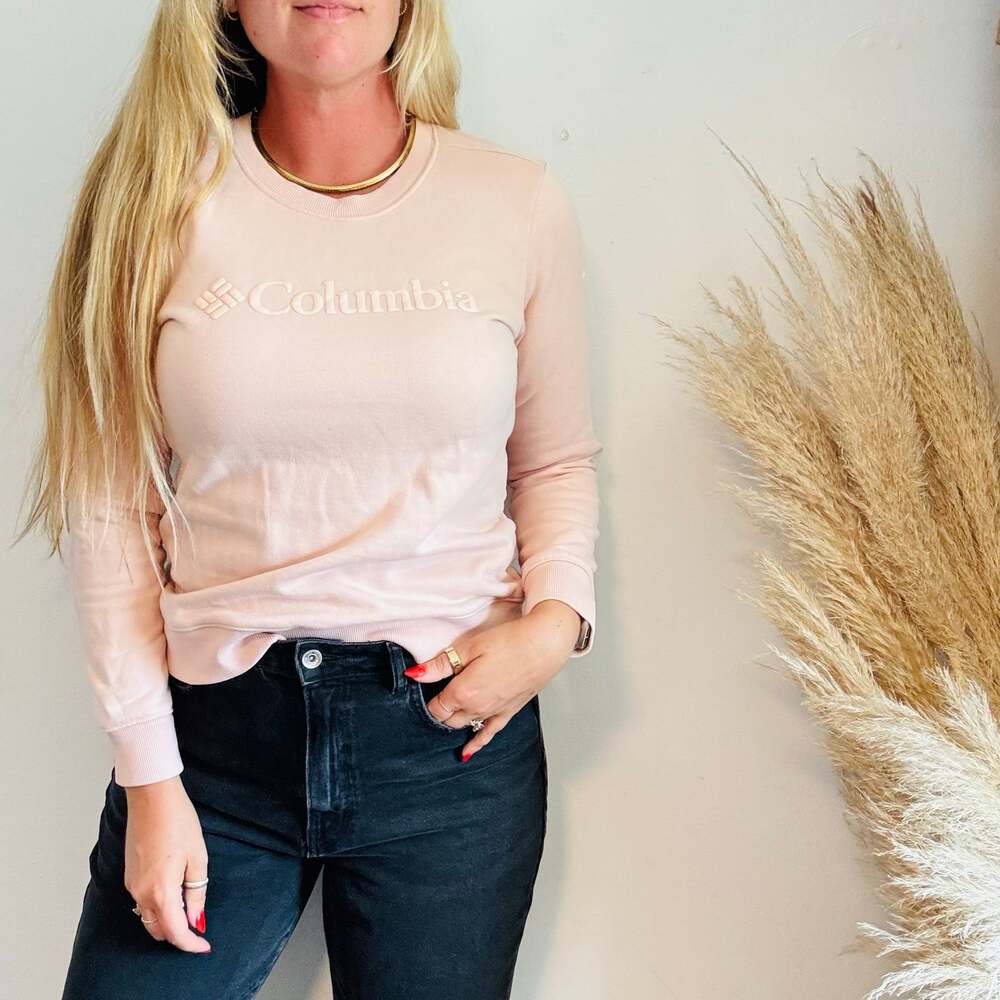 COLUMBIA Soft Baby Pink Logo Surf Style Crew $78 Pullover Sweater Sweatshirt M